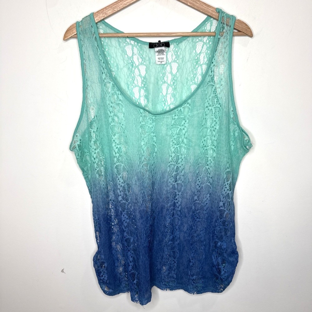 Vintage Y2K DEB Lace Sheer Tank Top‎ Women's 3X Blue Made in USA  Ombre Beachy